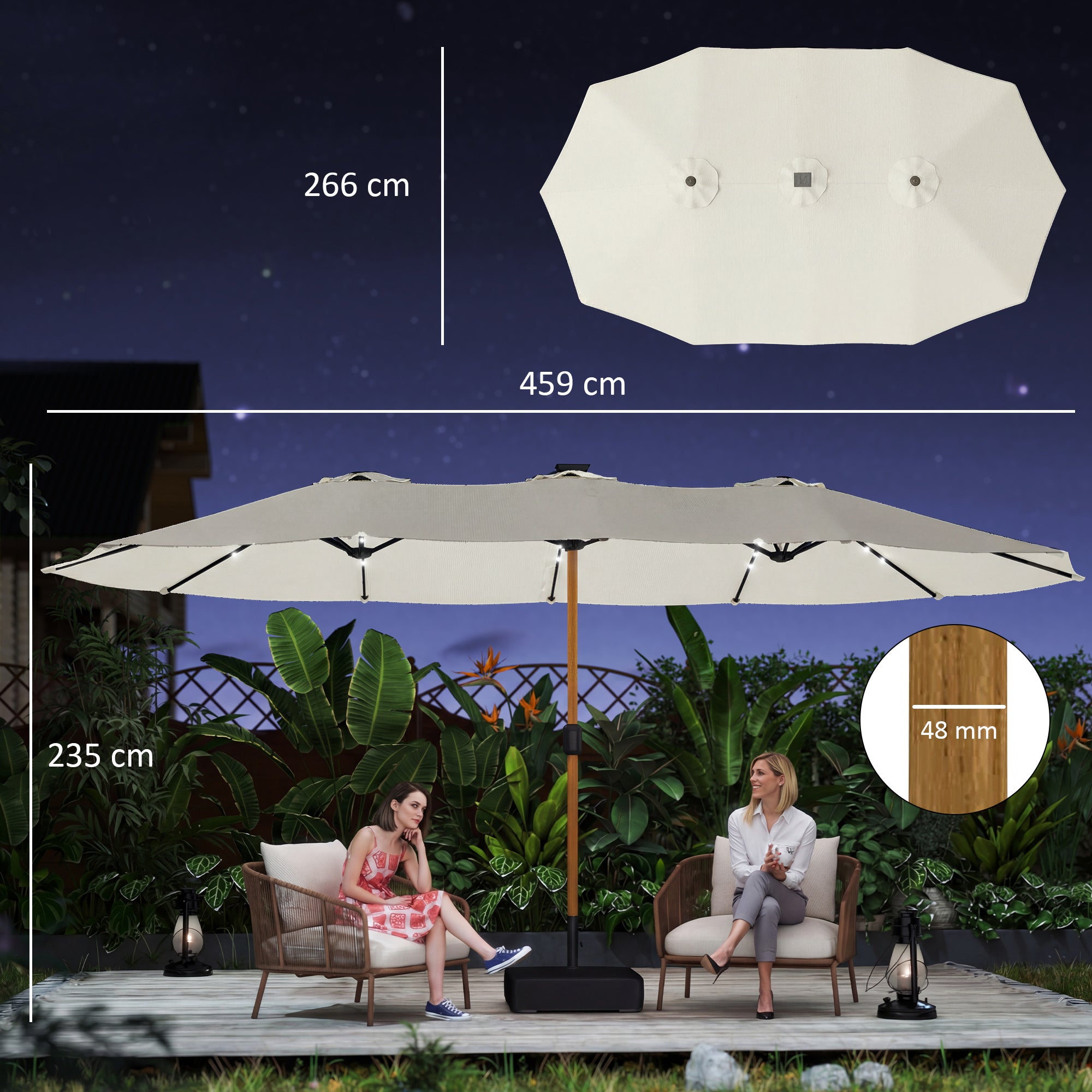 Outsunny Double Sided Garden Parasol with Base Included & 48 Solar LED Lights Patio Umbrella Crank Handle 4.6m Cream White