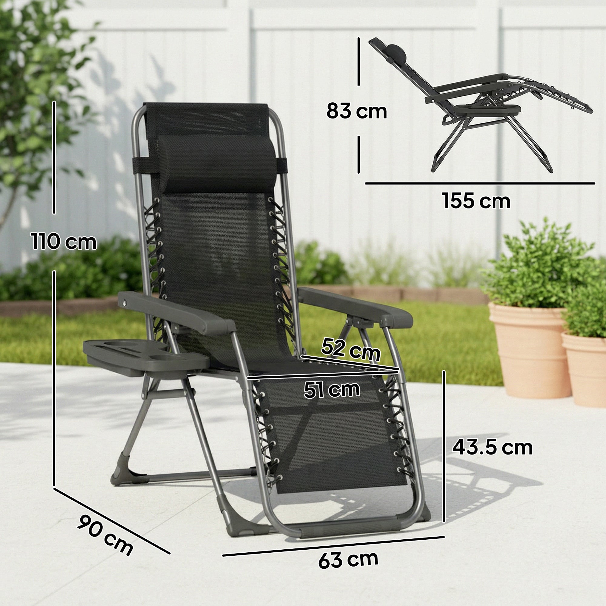 Outsunny Zero Gravity Chairs Set of 2, Folding Sunloungers Reclining Garden Chairs with Cup Holder, Headrest, Black
