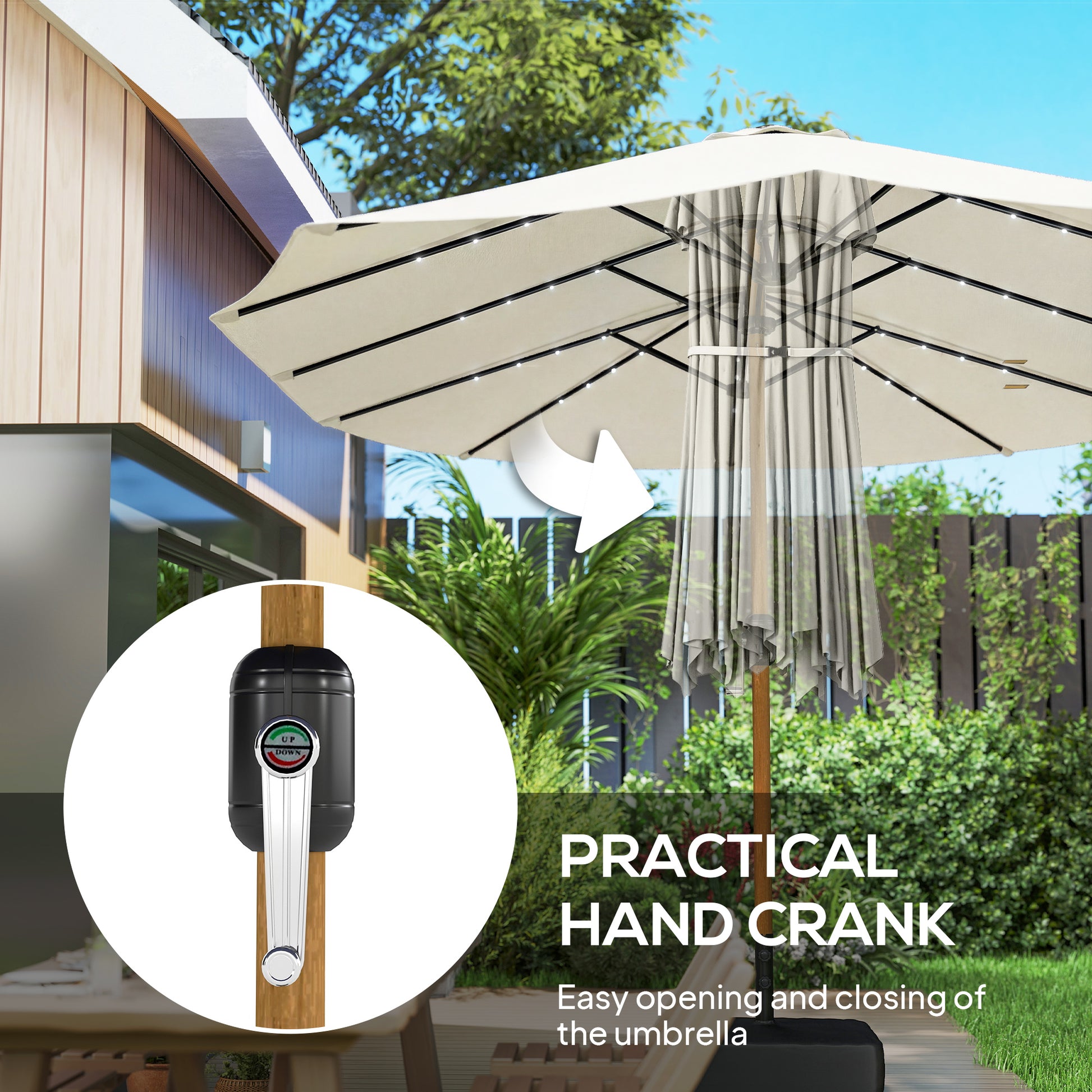 Outsunny Double Sided Garden Parasol with Base Included & 48 Solar LED Lights Patio Umbrella Crank Handle 4.6m Cream White