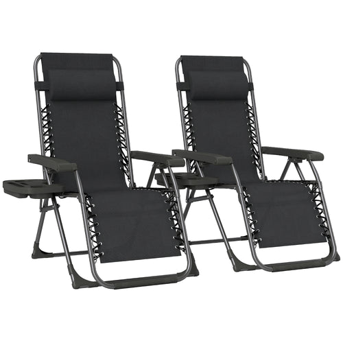Outsunny Zero Gravity Chairs Set of 2, Folding Sunloungers Reclining Garden Chairs with Cup Holder, Headrest, Black