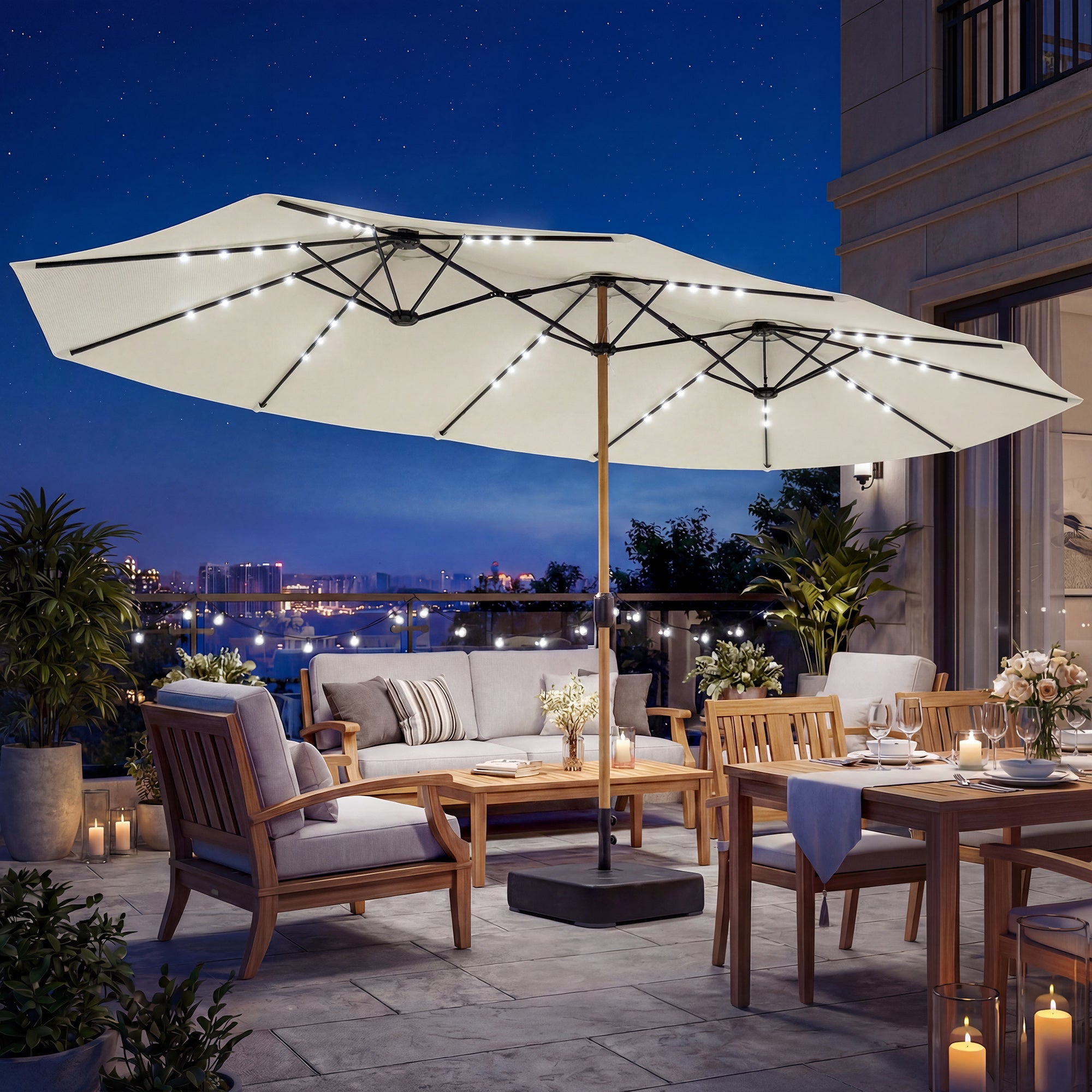 Outsunny Double Sided Garden Parasol with Base Included & 48 Solar LED Lights Patio Umbrella Crank Handle 4.6m Cream White