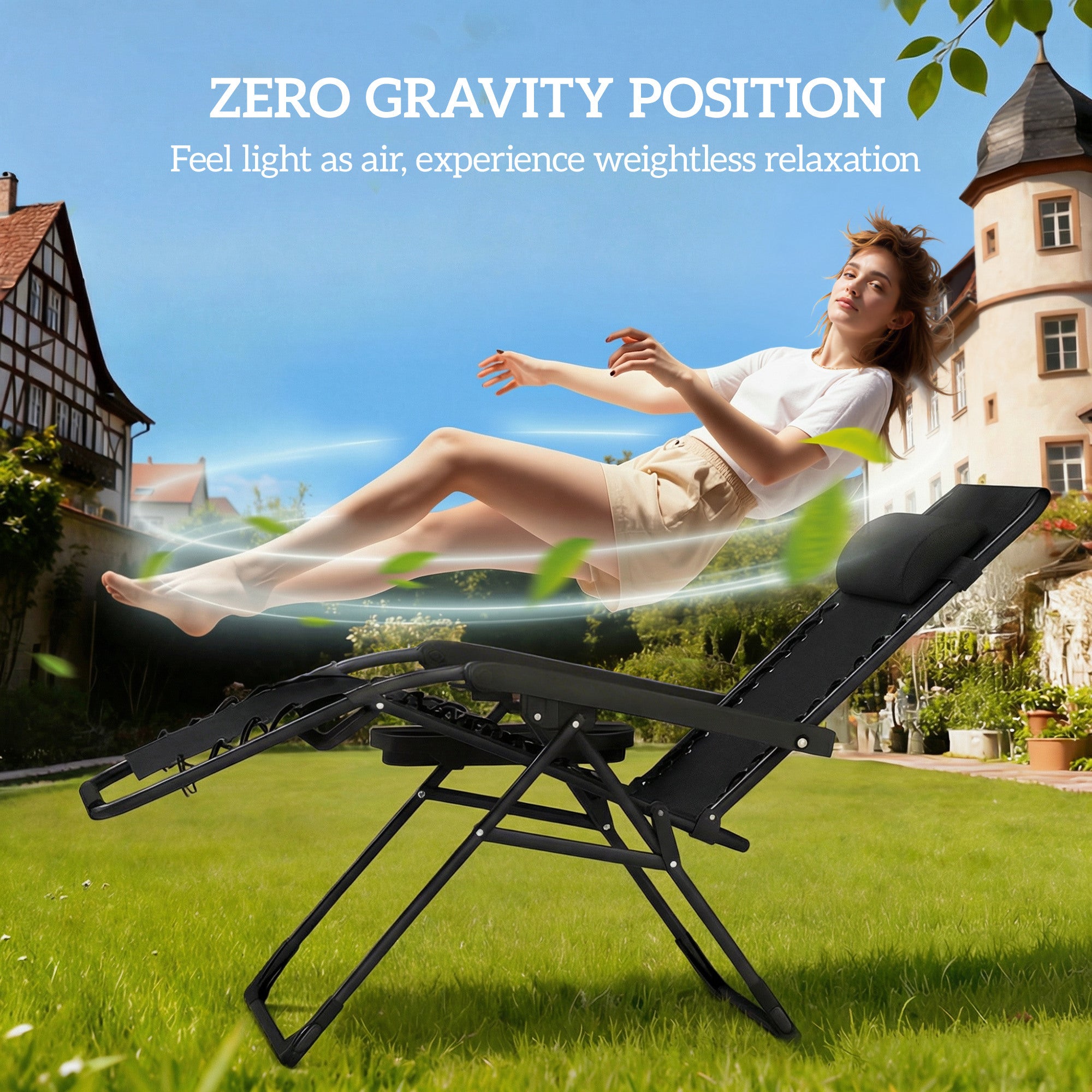 Outsunny Zero Gravity Chairs Set of 2, Folding Sunloungers Reclining Garden Chairs with Cup Holder, Headrest, Black